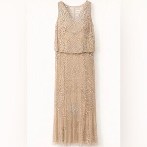 Aidan Mattox Champagne Beaded Art Deco Maxi Gown Size 10
